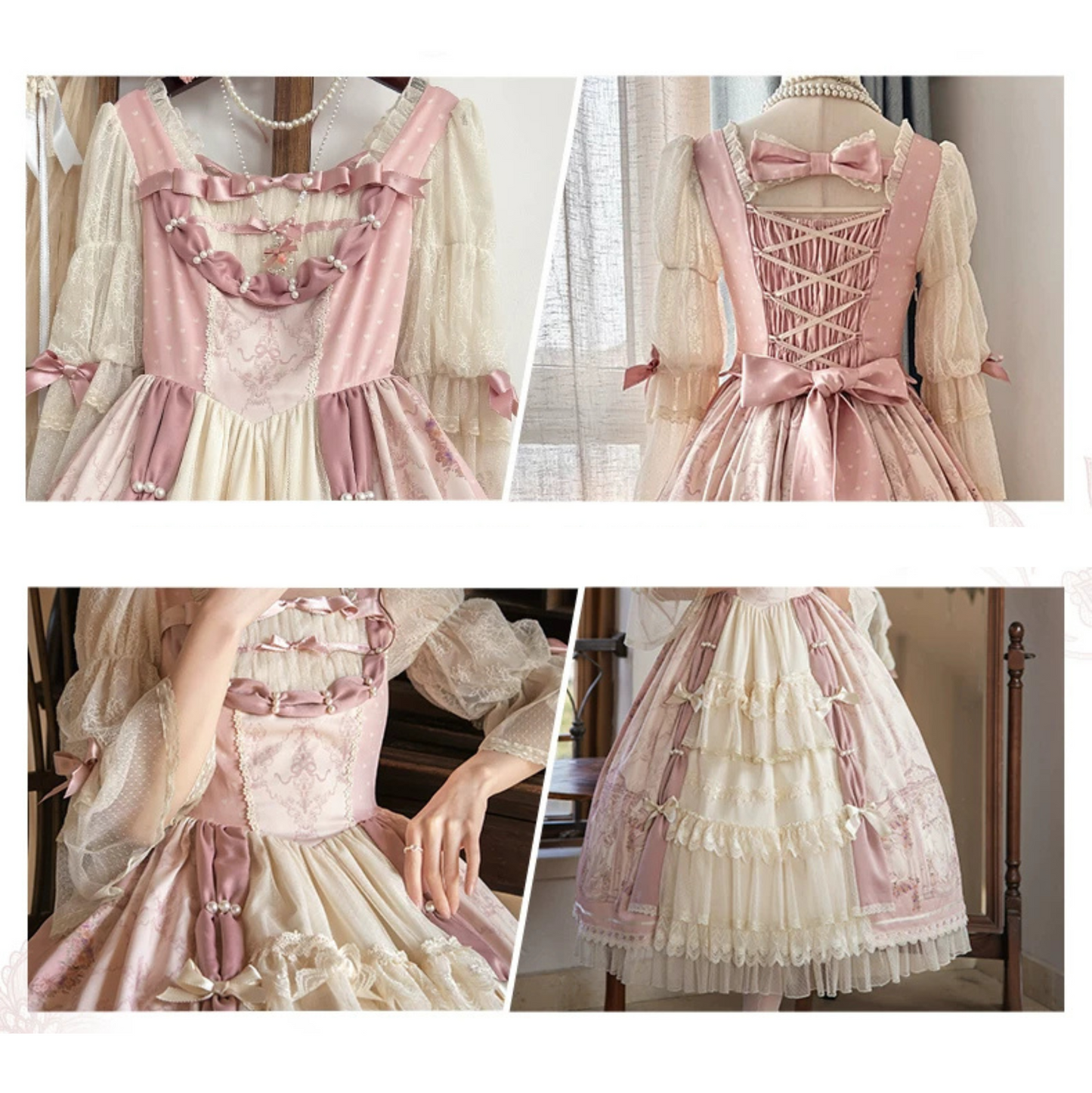 [pre-order Deadline: April 26] Rococo Antique Lace Tiered Ribbon Pink Lolita Dress + Bonnet