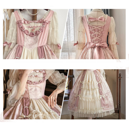 [pre-order Deadline: April 26] Rococo Antique Lace Tiered Ribbon Pink Lolita Dress + Bonnet