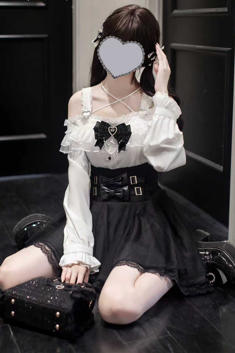 Jirai Off-the-shoulder Shirt + Plaid Skirt (with Inner Pants)