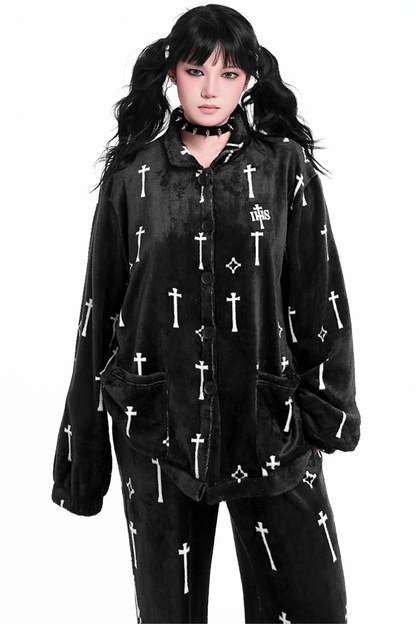 Gothic Cross Flannel Nightgown Coat + Loose Pants + Jacket