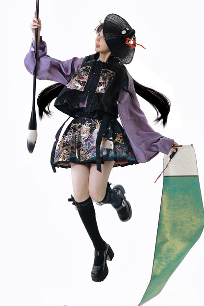 Dark Chinese-style Shirt + Vest + Skirt