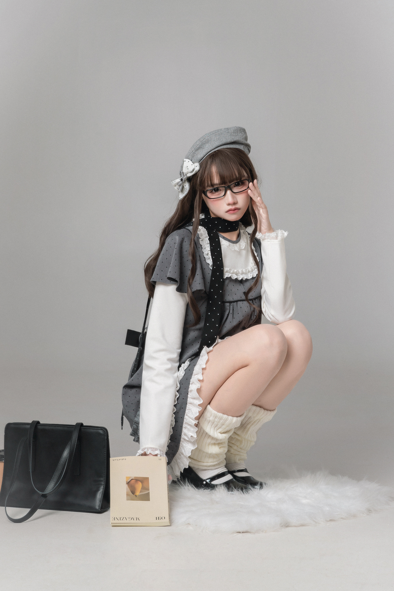 Gray Polka Dot Doll Dress + Beret