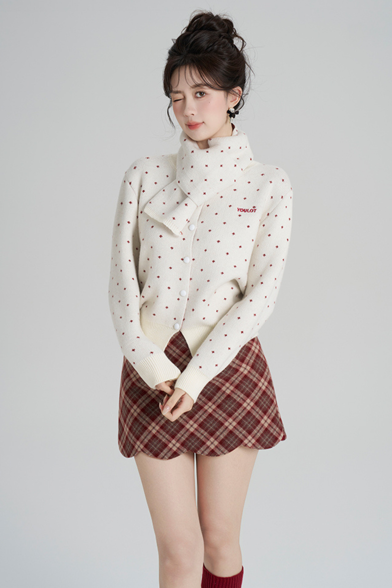 French Style Dotted Cardigan With Scarf