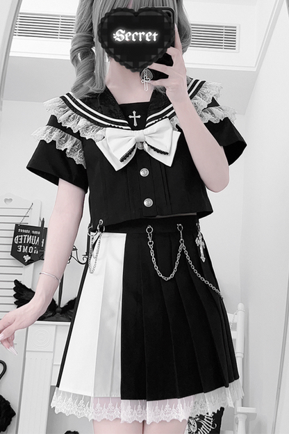 Dark Girl College Sailor Top + Skirt + Ribbon + Skirt Chain
