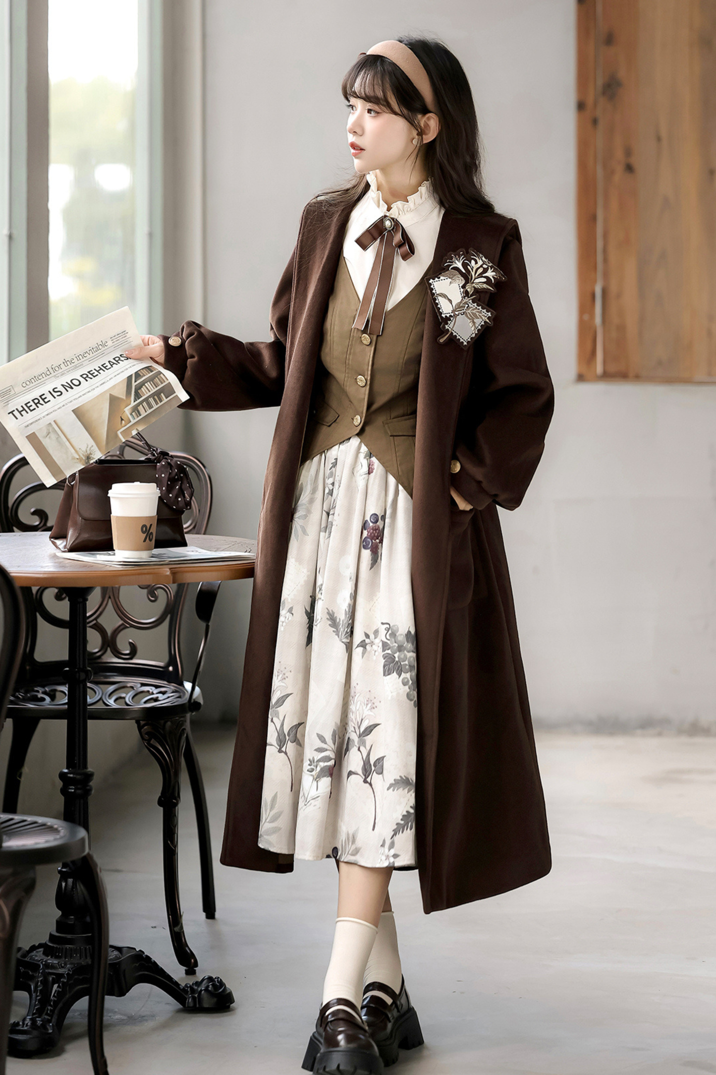 Retro Long Coat + Skirt + Shirt + Vest