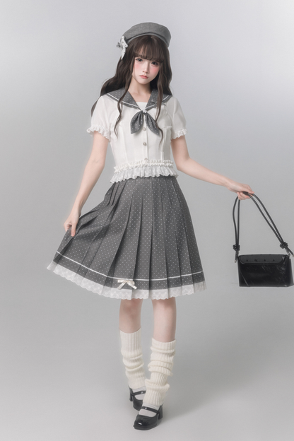 Sweet College Style Top + Polka Dot Pleated Skirt + Bow Tie
