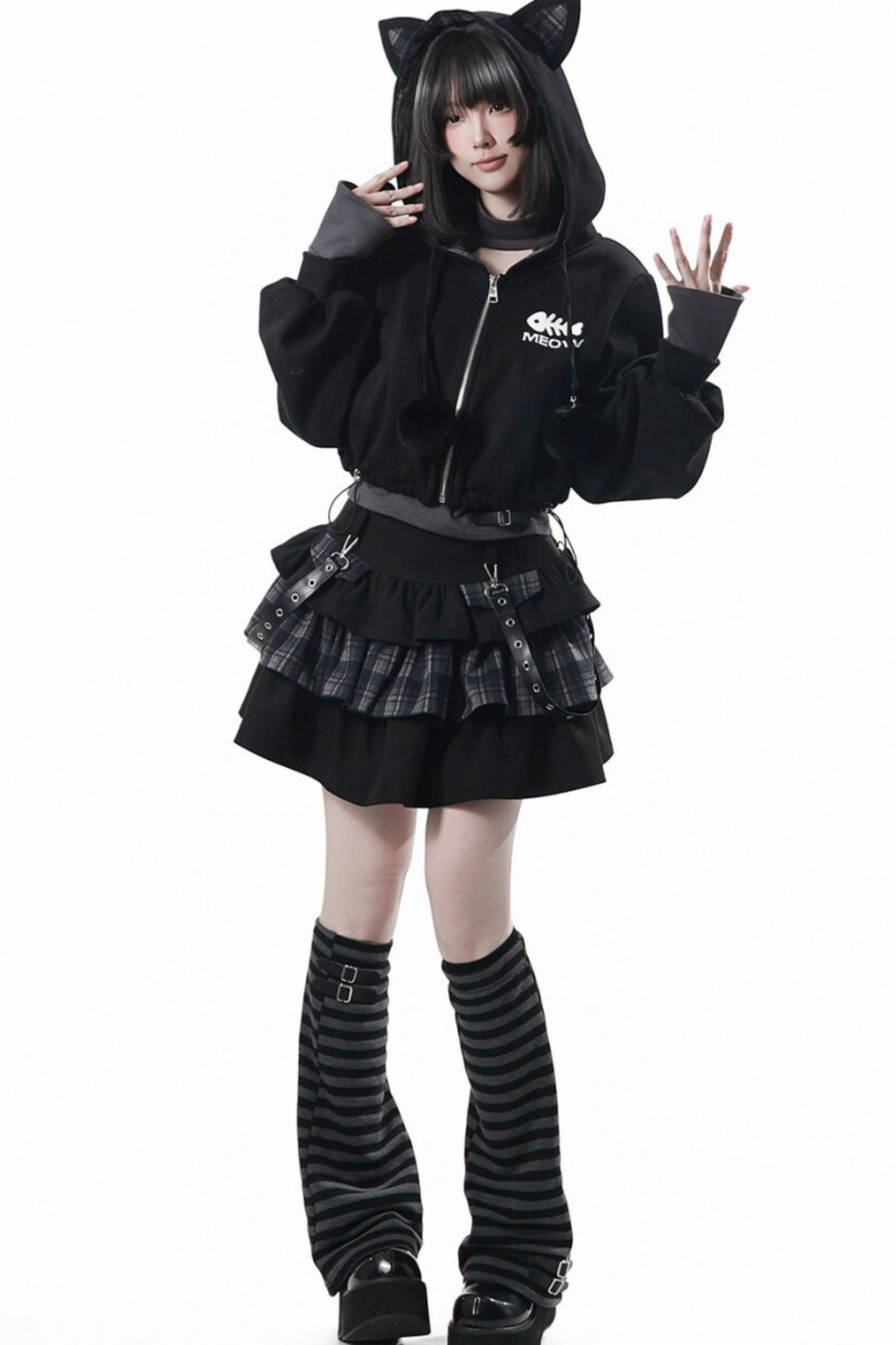 Cat Ear Jacket + Tiered Skirt + Top + Striped Leg Warmers