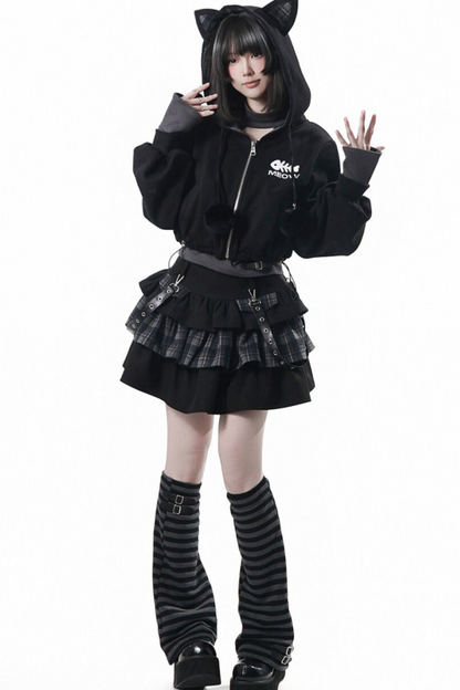 Cat Ear Jacket + Tiered Skirt + Top + Striped Leg Warmers