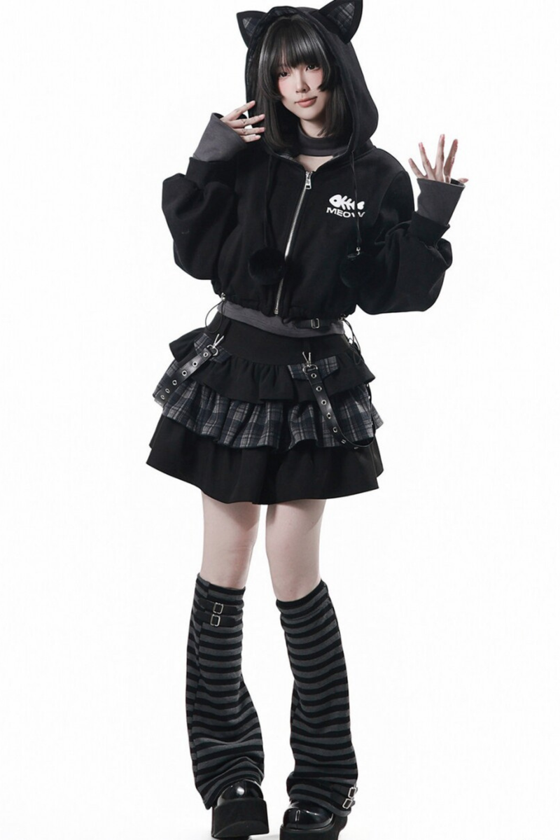 Cat Ear Jacket + Tiered Skirt + Top + Striped Leg Warmers