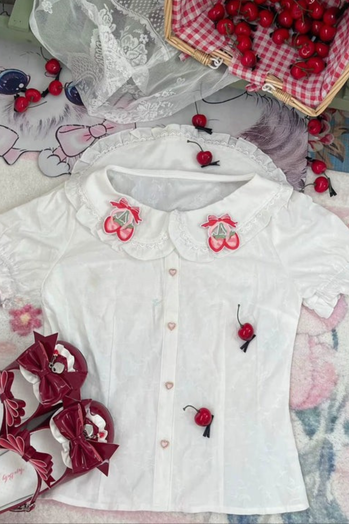 Strawberry Lolita Jumper Skirt + Rabbit Hair Scarf + Big Ribbon + Top + Hat + Bonnet