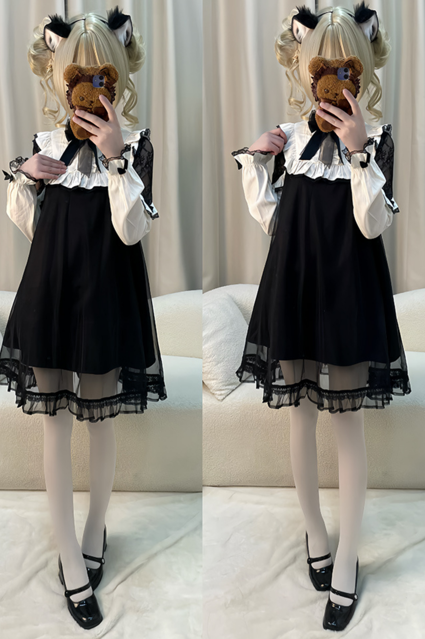 Lace Edge Mesh Paneled Little Black Dress