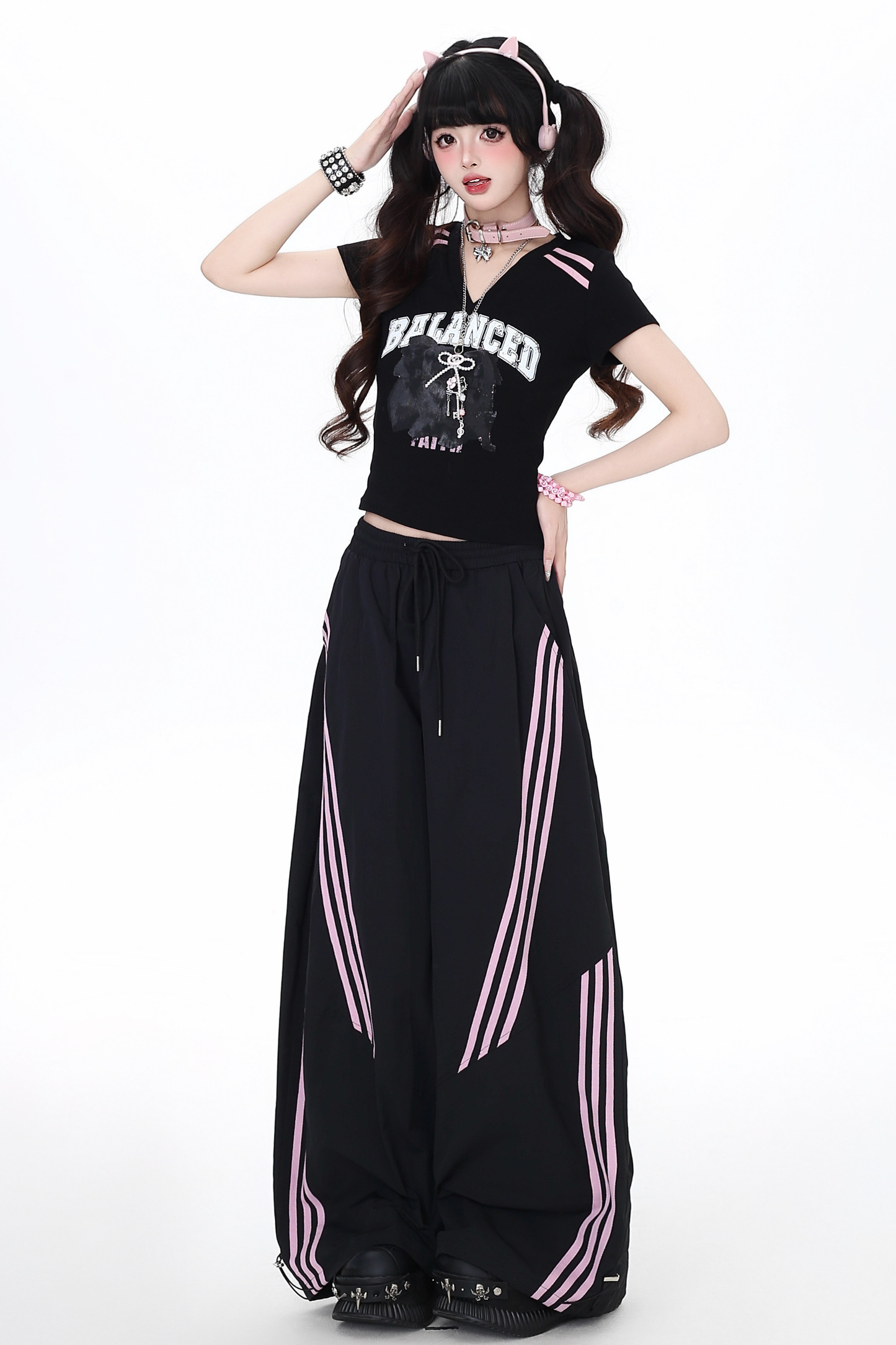 Hot Girl V Neck Black and Pink Top
