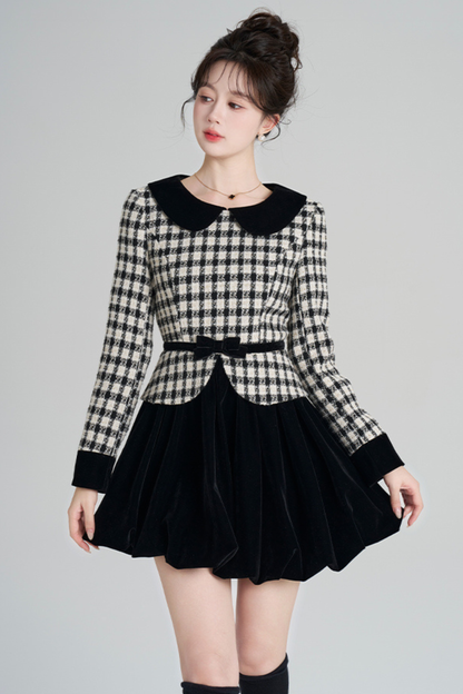 Velvet Monochrome Plaid Dress