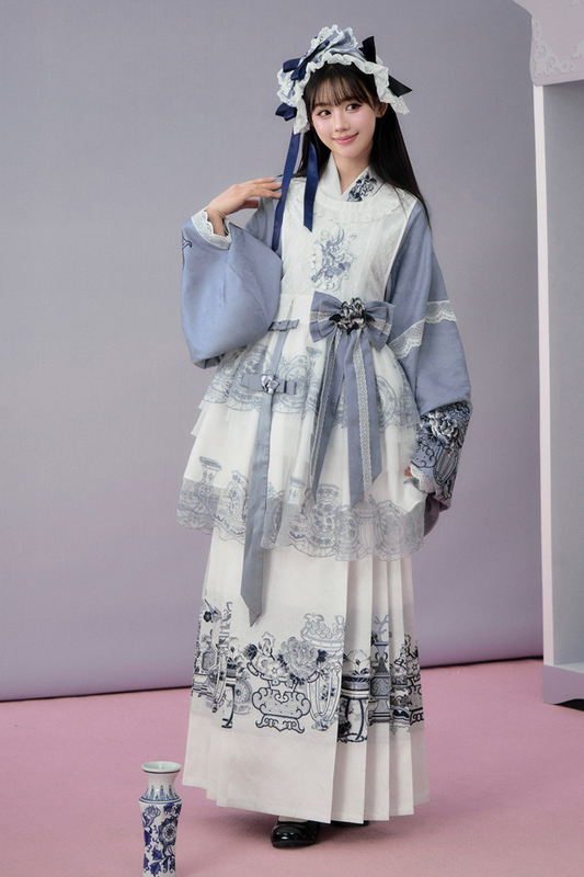 Chinese-style Jacket + Skirt + Overskirt + Ribbon + Brooch + Headband