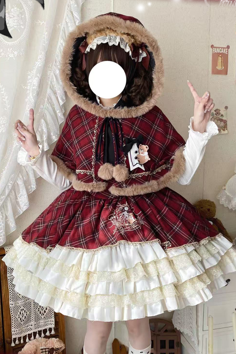 [pre-order] Plaid Lolita Jsk + Hooded Cloak + Knit + Bear Headband