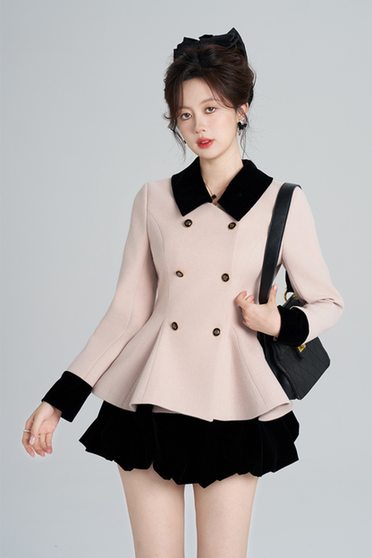 French Sweet Pink Flare Coat + Skirt