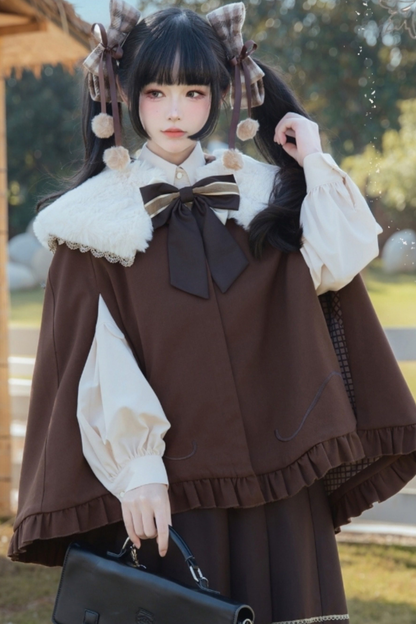 Fur Collar Cape + Knit Vest + Shirt + Pleated Skirt + Ribbon