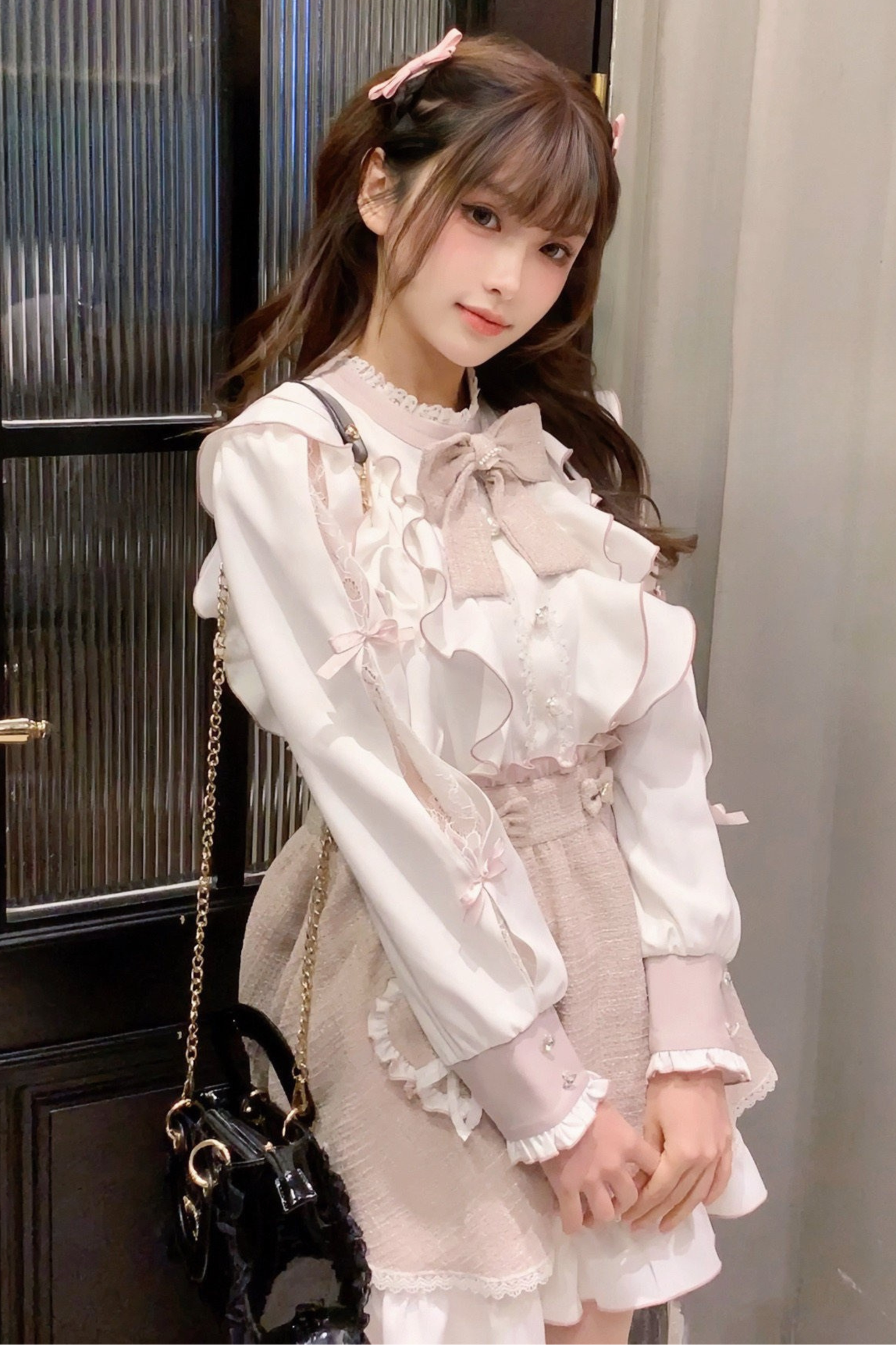 Lace Shoulder Ribbon Blouse + Skirt
