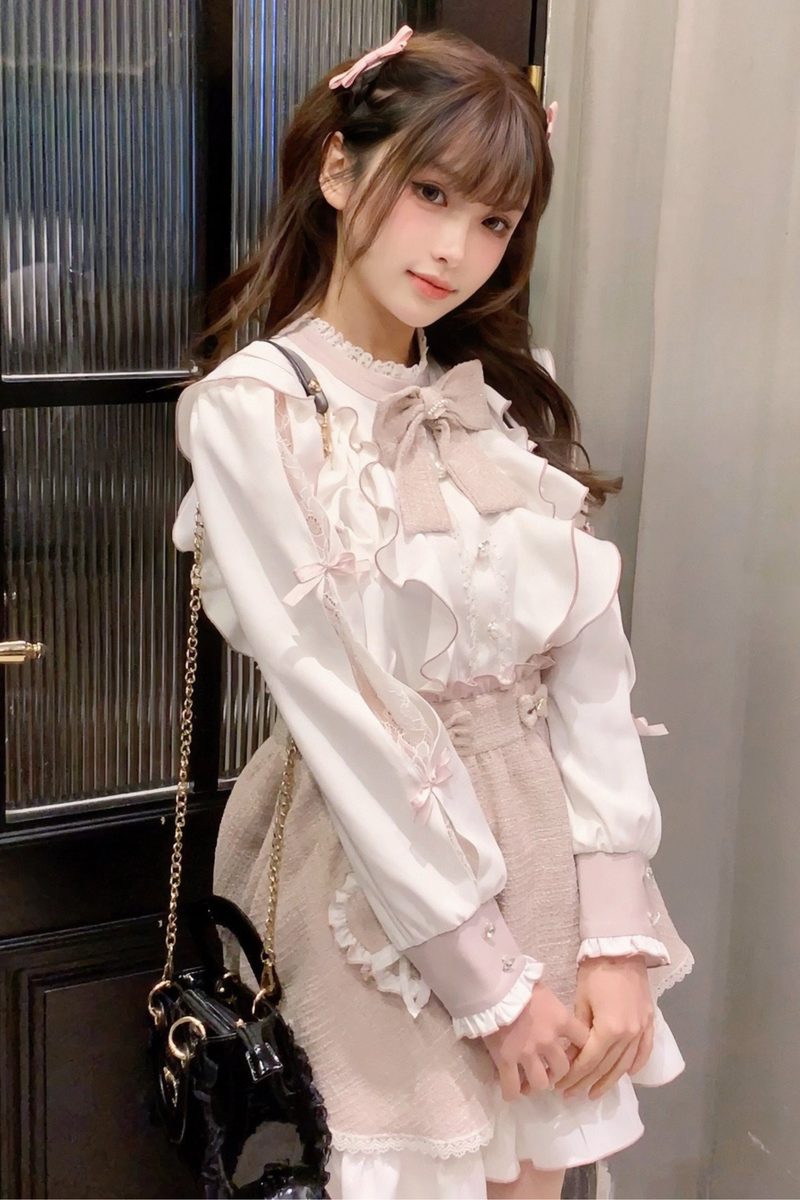 Lace Shoulder Ribbon Blouse + Skirt