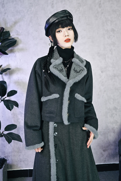 Retro Mode Faux Fur Short Jacket + Skirt