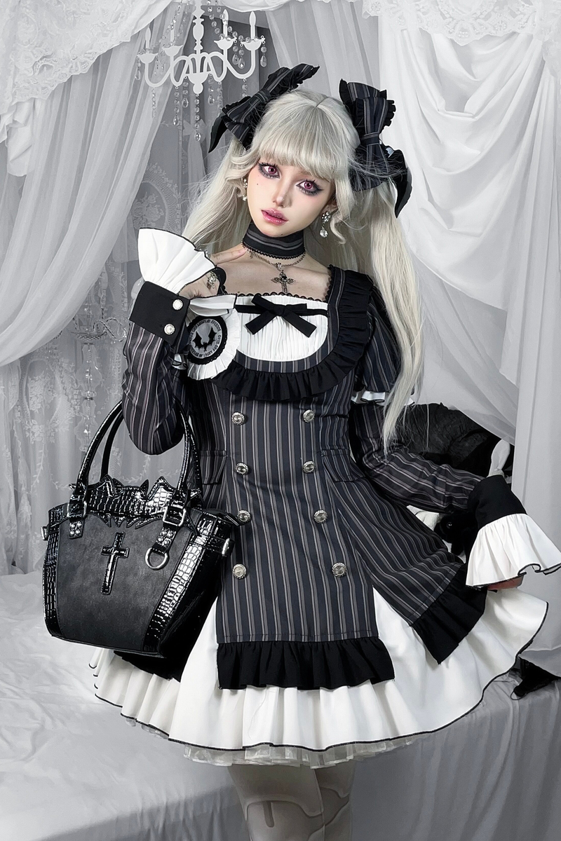 Gothic Lolita Striped Dress + Headband + Clip