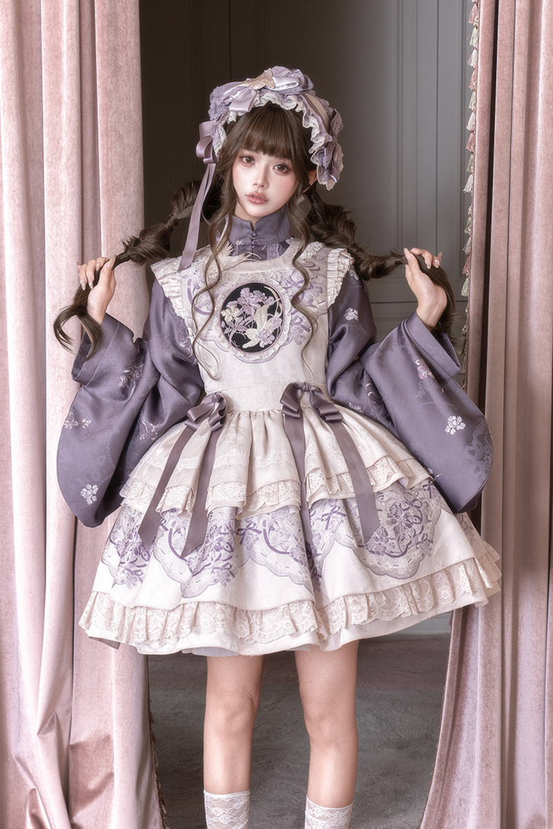 Chinese-style Stand Collar Jacket + Suspender Dress + Hairband