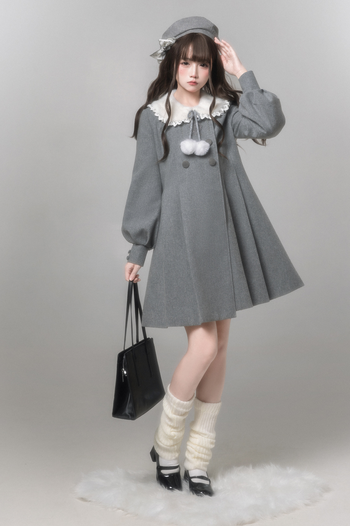 Sweet Flared Coat + Skirt + Shirt + Beret