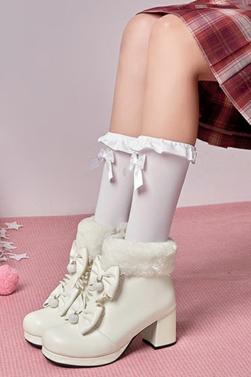 Double Ribbon Fur Short Boots