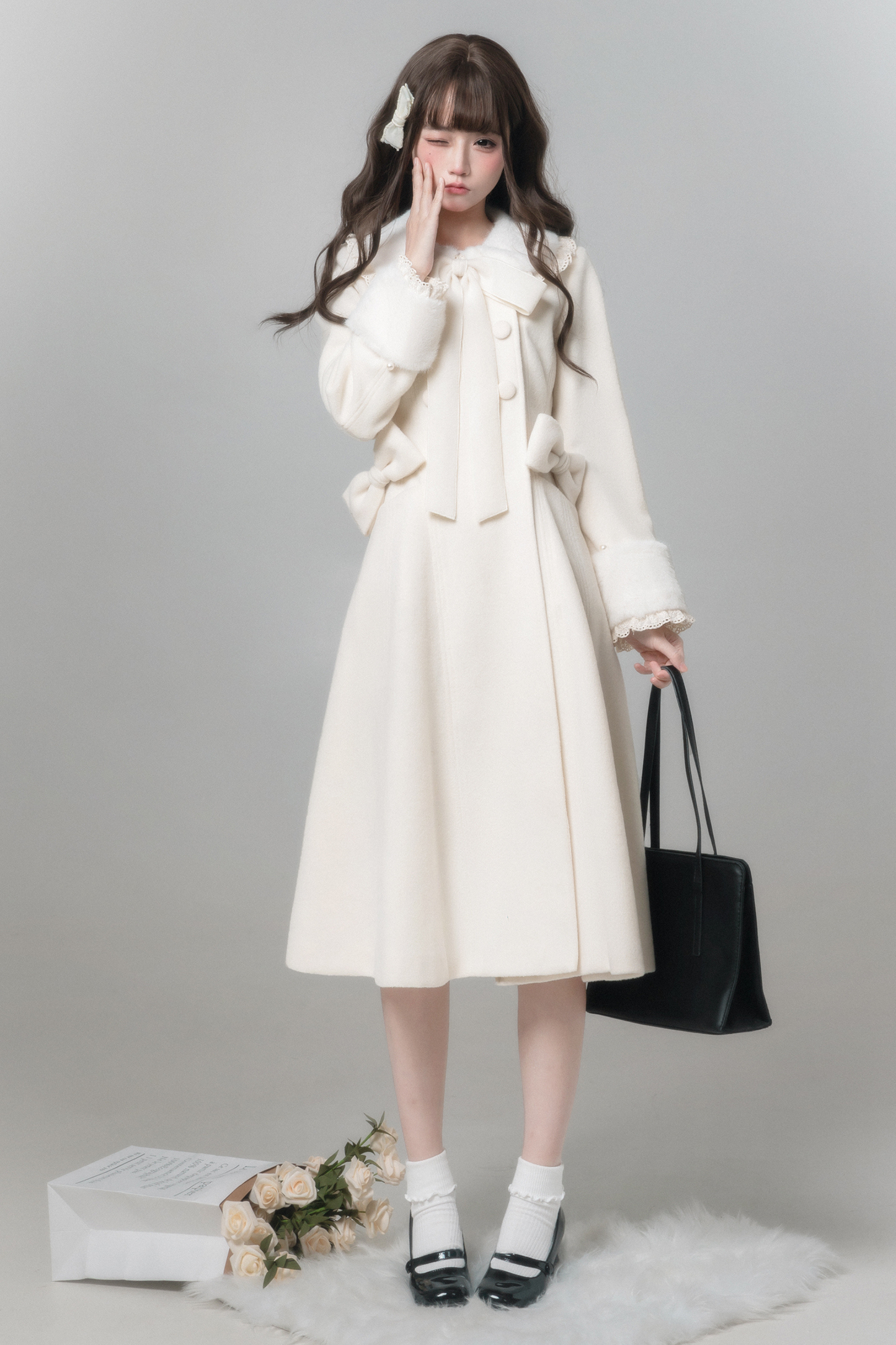 White Snow Long Coat + Shirt + Skirt