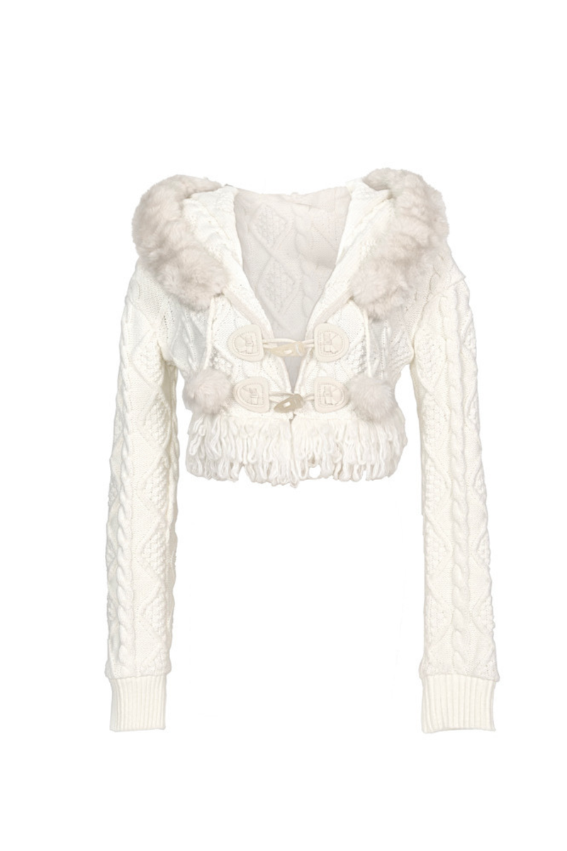 Fur Hooded Cable Knit Cardigan + Fur Hat