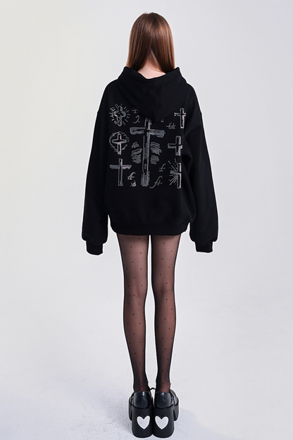 Big Cross Design Loose Hooded Sweatshirt