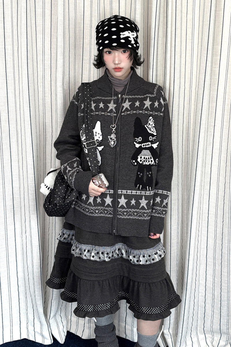 Y2k Jacquard Cardigan + Flared Skirt