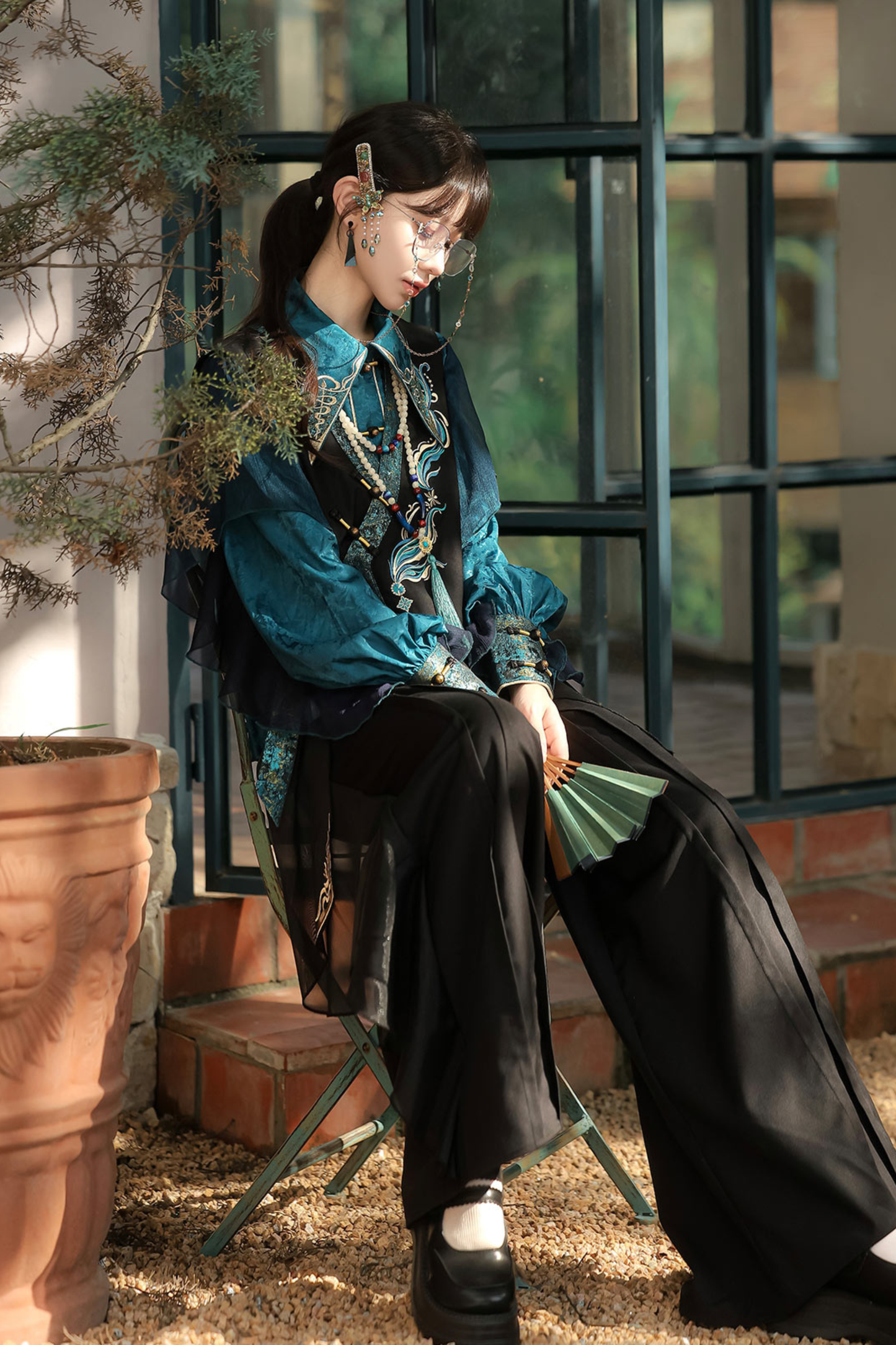 Ruan Chinese-style Top + Vest + Wide Leg Pants + Necklace