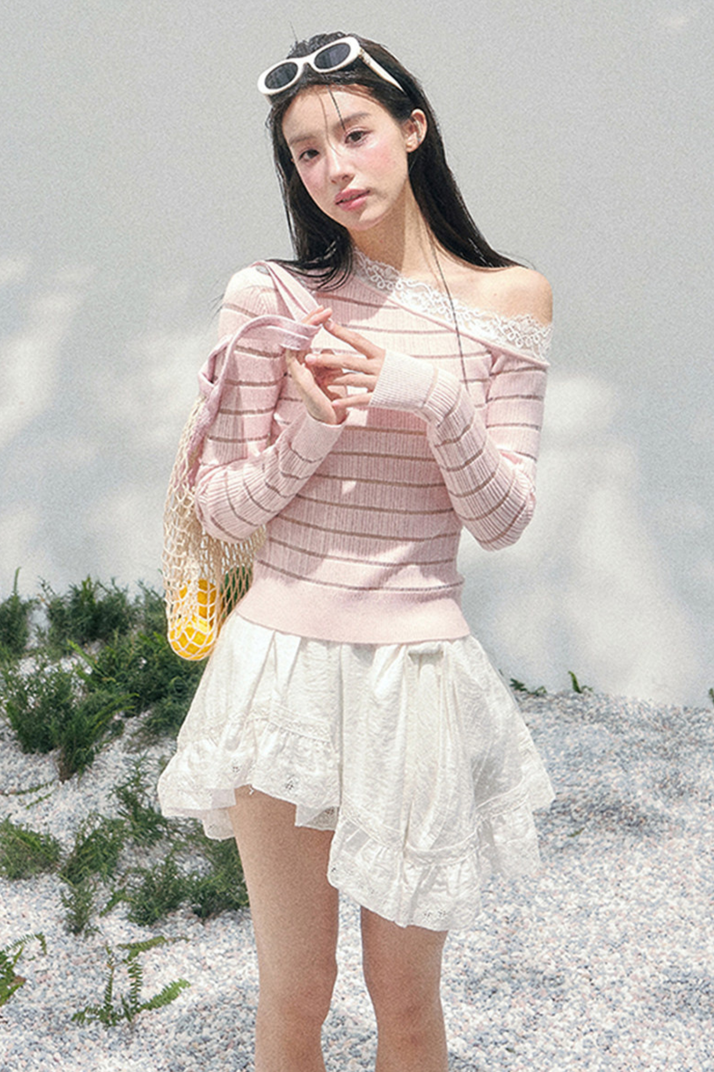 One Shoulder Glance Lace Striped Top