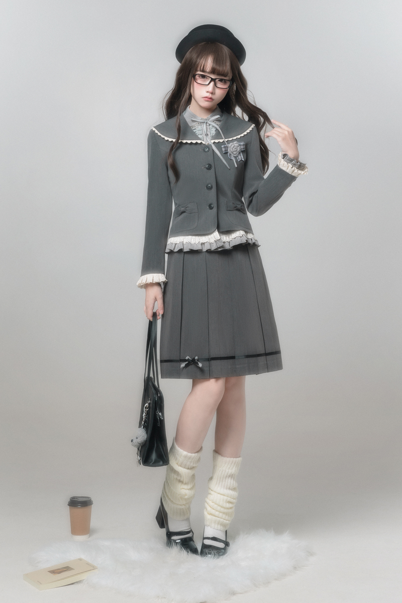 Retro College Jacket + Shirt + Skirt + Brooch