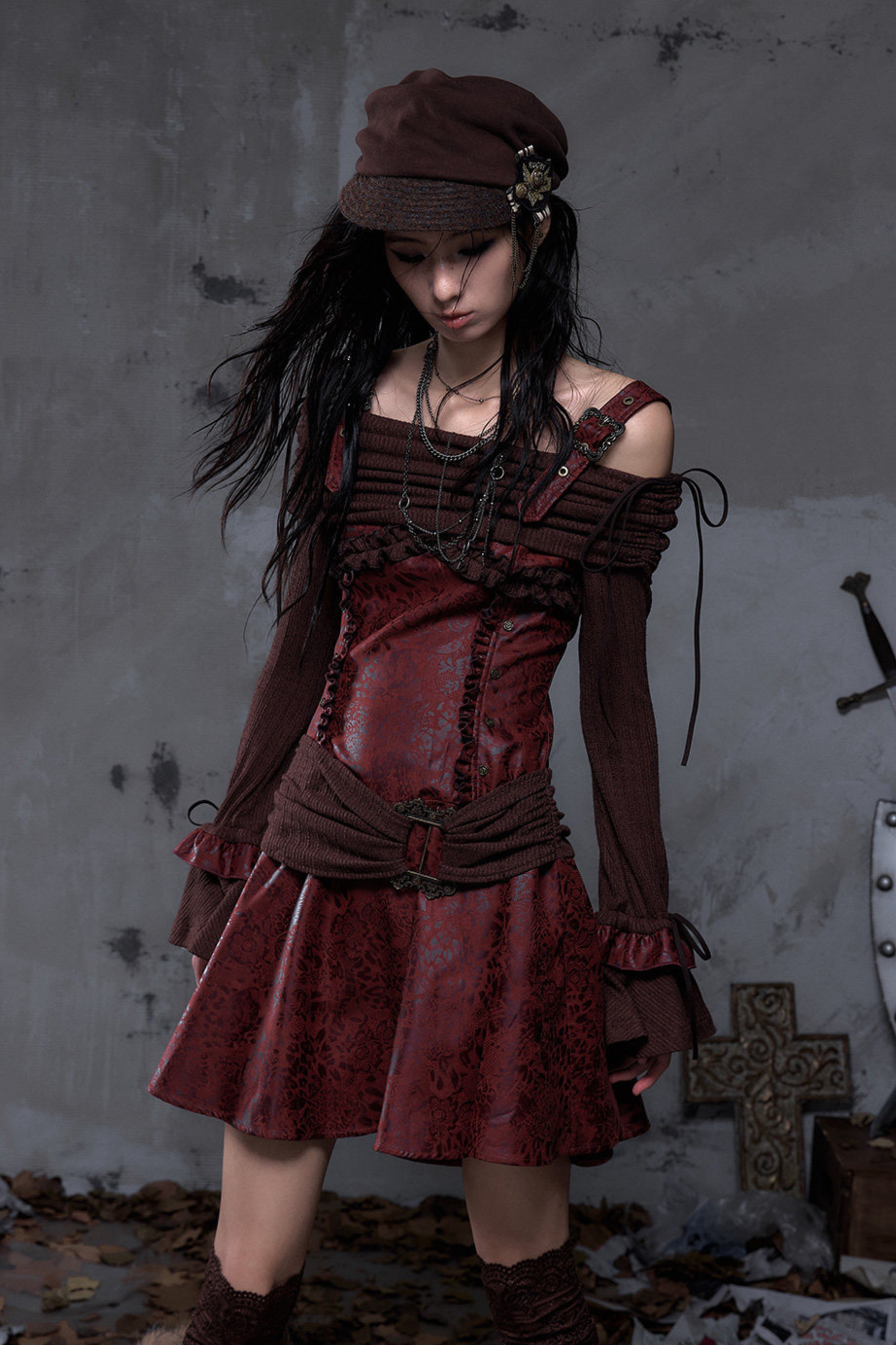 Retro Punk Off Shoulder Patchwork Dress