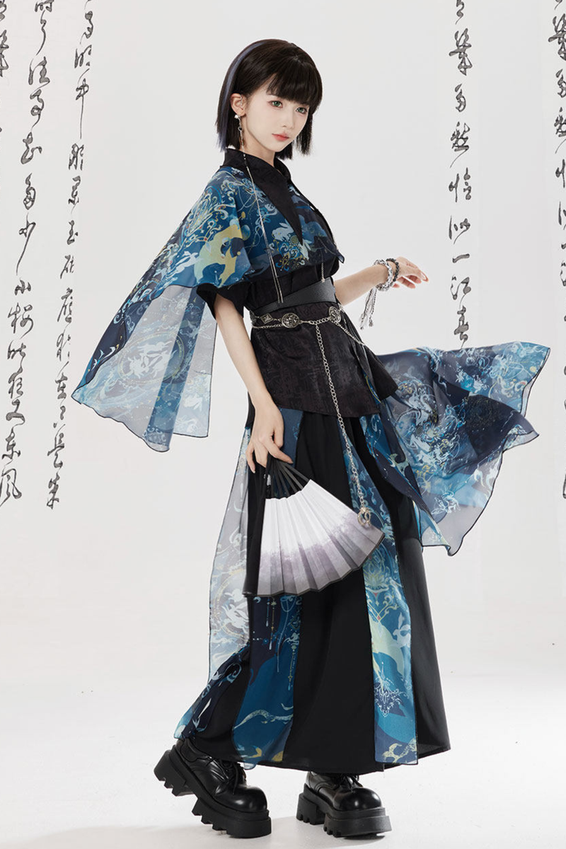 Dark Chinese-style Shirt + Wide Leg Pants + Chain + Belt