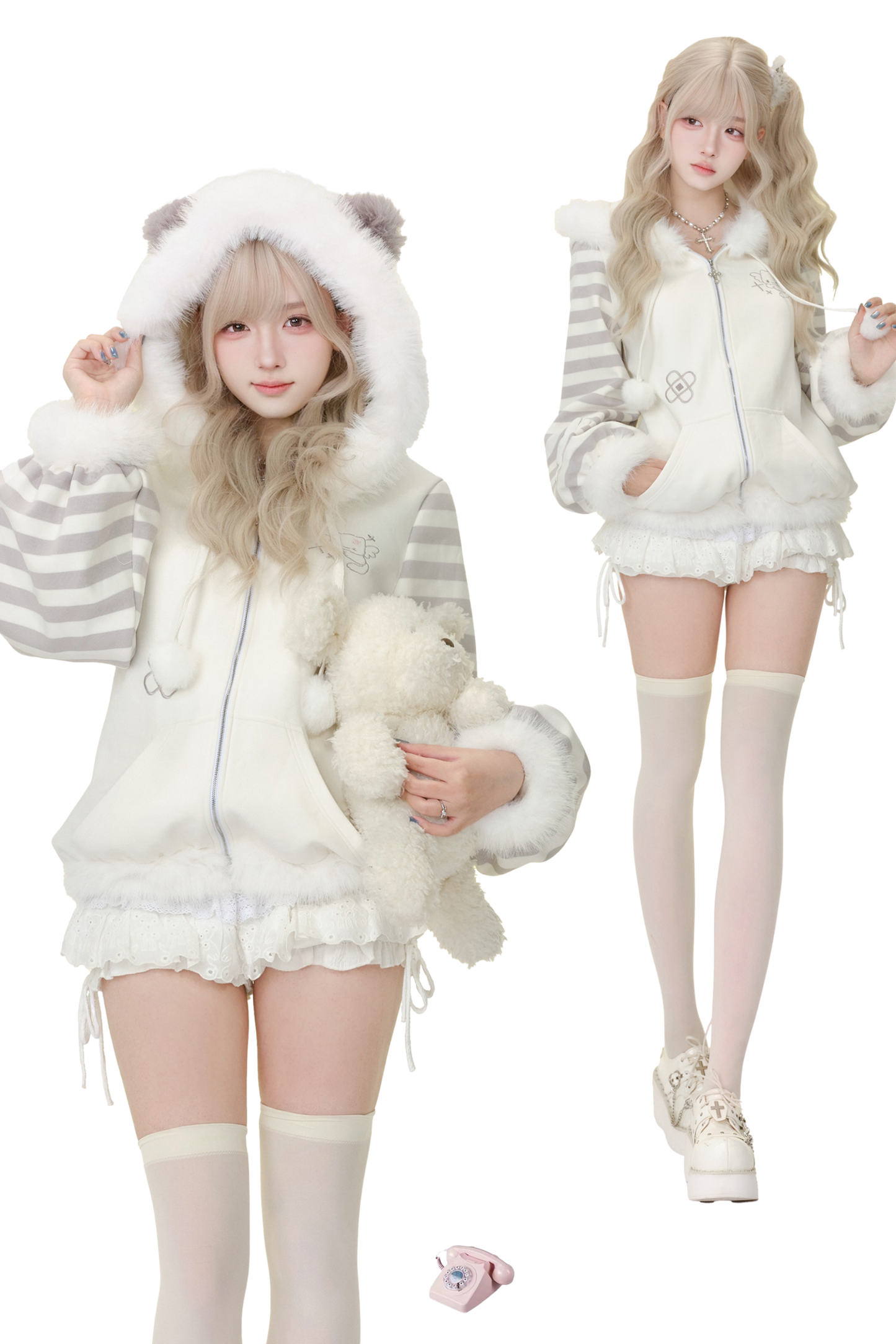 Striped Fur Hooded Coat + Tiered Skirt