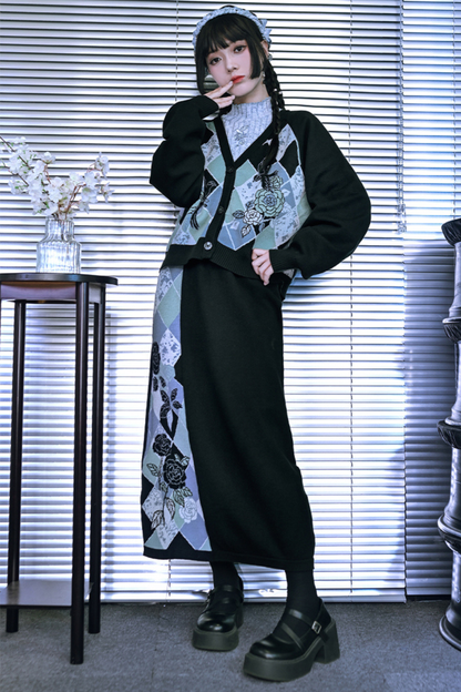 Argyle Cardigan + Asymmetric Skirt