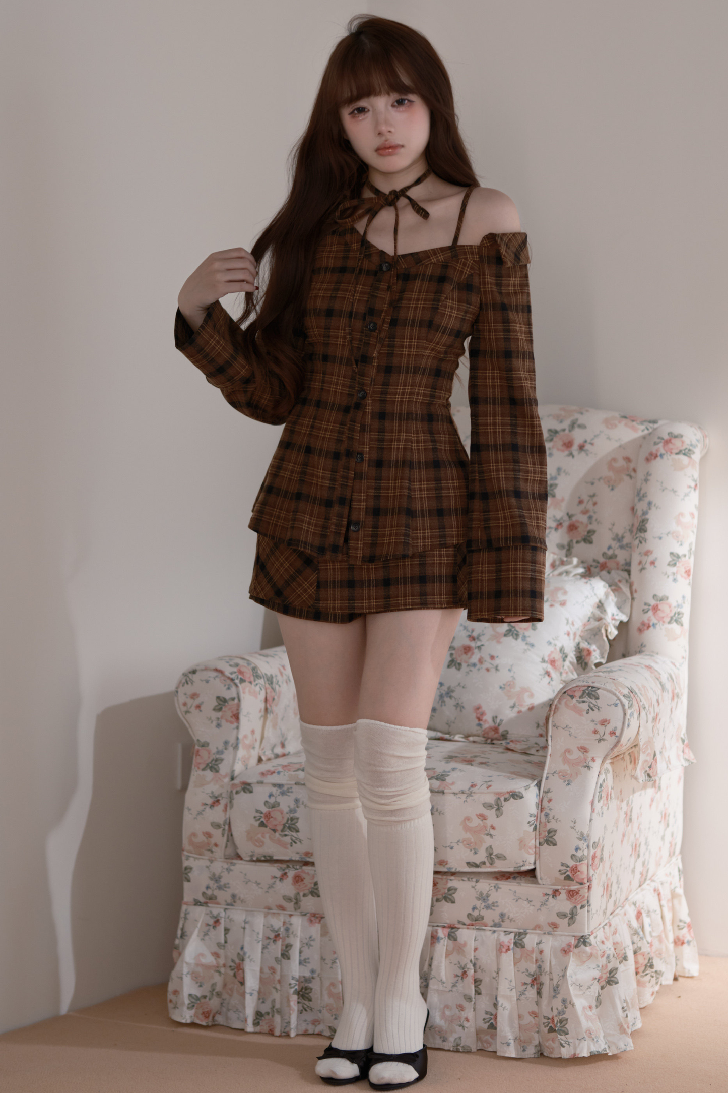 Checkered Off Shoulder Top + Shorts