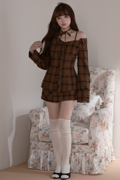 Checkered Off Shoulder Top + Shorts