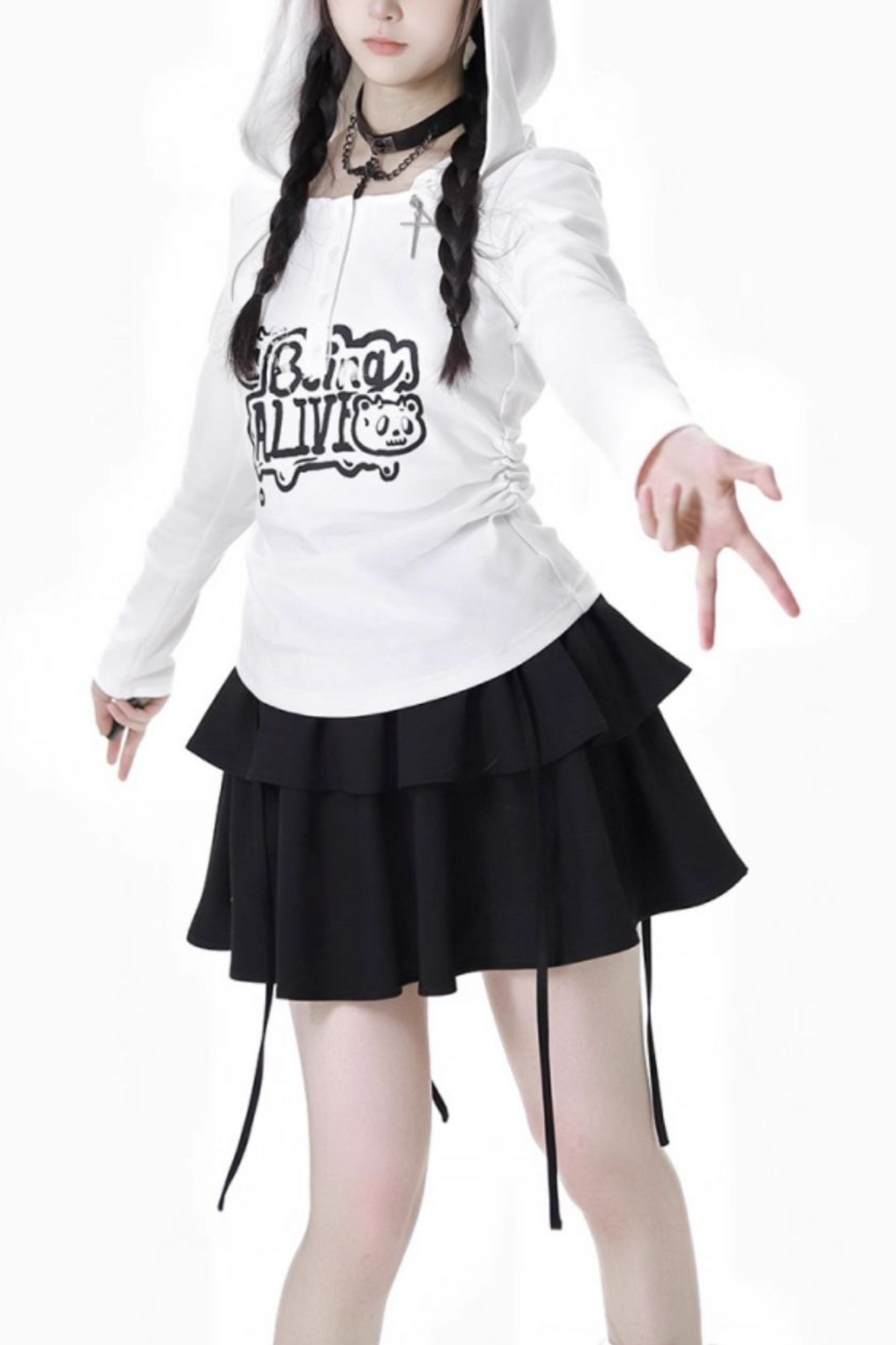 Cat Ear Hooded Top + Loose Knit Sweater + Cargo Pants + Strap Skirt