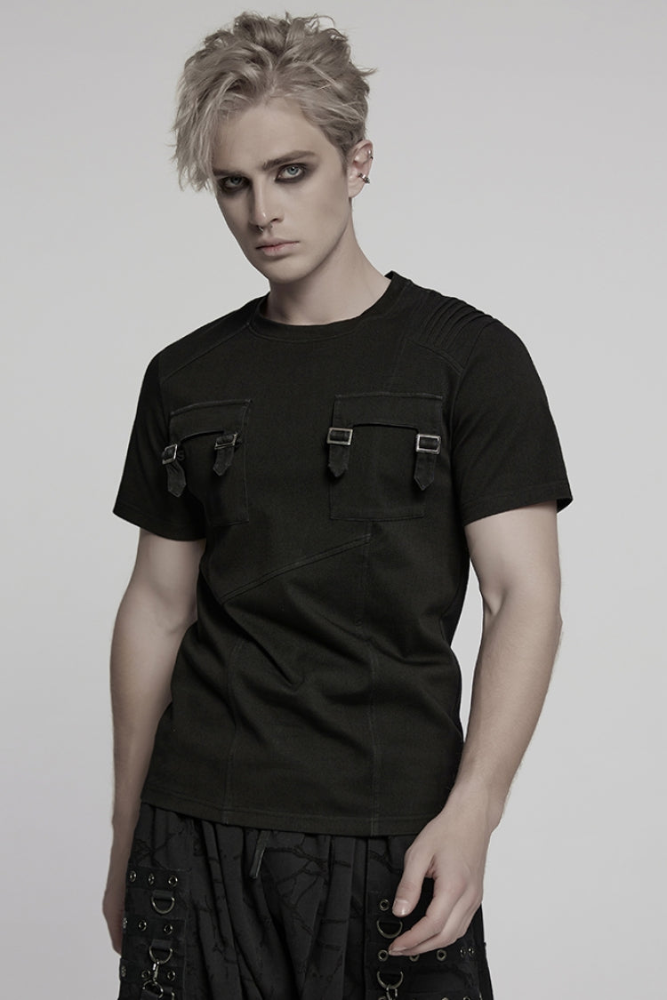 Black Round Collar Short Sleeves Pocket Denim Punk T-shirt