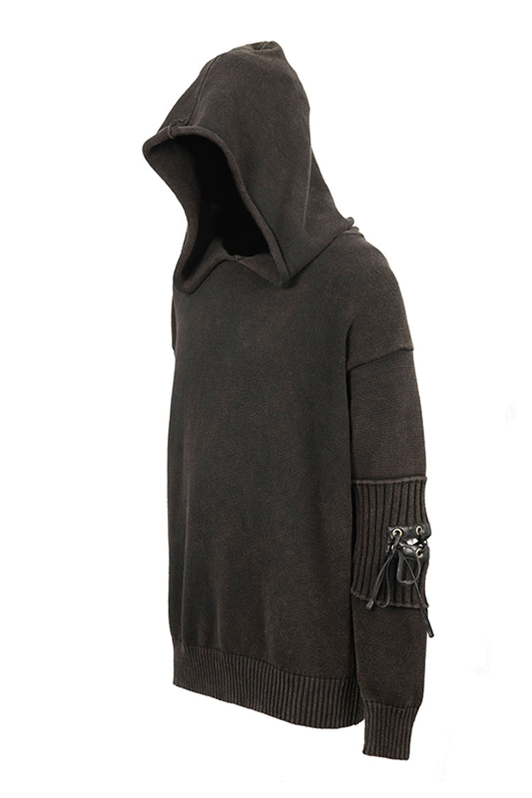 Brown Worn-out Long Sleeve Elbow Leather Strip Lace-up Hooded Coarse Knit Punk Sweater