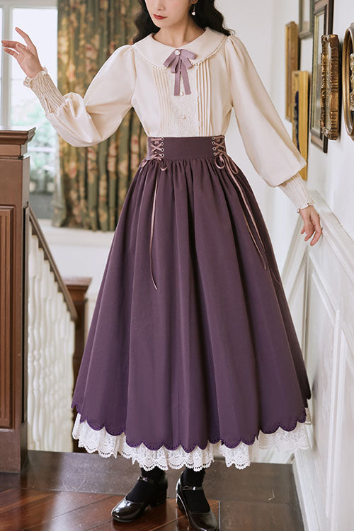 Color High Waisted Lace Wave Hem Two Pieces Classic Lolita Dress