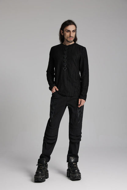 Black Round Collar Long Sleeves Triangle Buckle Punk T-shirt