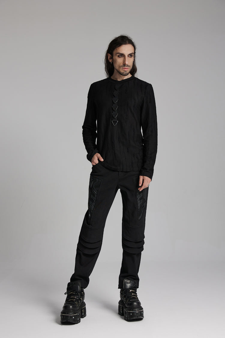 Black Round Collar Long Sleeves Triangle Buckle Punk T-shirt