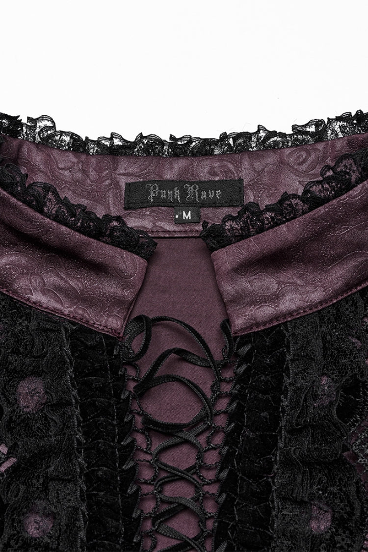 Red Stand Collar Long Sleeves Ruffle Embroidery Lace-up Plunging Rose Gothic Blouse