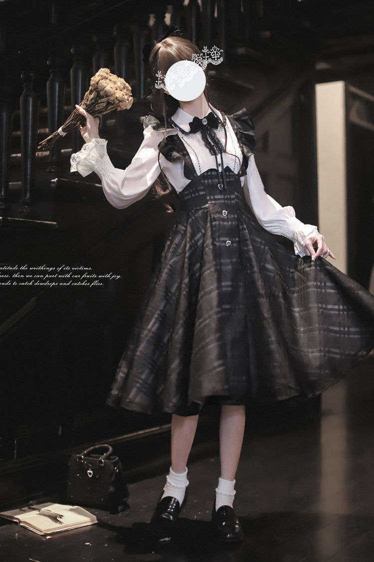 Black Plaid Print Classic College Style Lolita Strap Dress