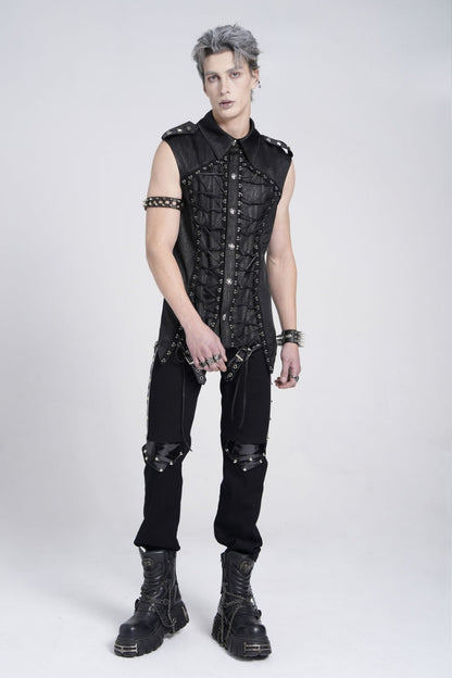 Black Sleeveless Studded Lace-up Gothic Blouse
